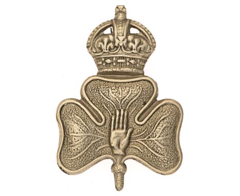 Irish. Ulster 14th Bn (Young Citizens) Royal Irish Rifles WW1 Kitchener Army cap badge.  Good scarce die-stamped white metal 