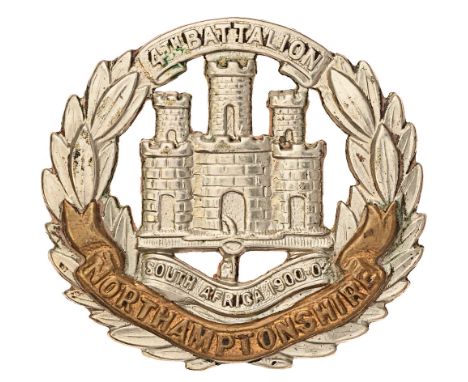 4th Northamptonshire Regiment first pattern cap badge circa 1908-15.  Good scarce die-stamped white metal 4TH BATTALION scrol