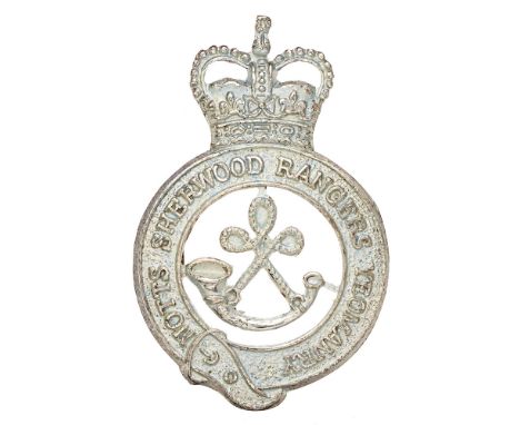 Nottinghamshire Sherwood Rangers Yeomanry post 1953 Officer cap badge.   Good die-cast silvered crowned title strap; strung b