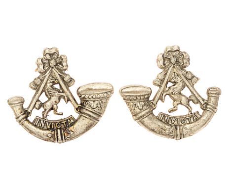 West Kent Light Infantry Militia Victorian pre 1881 facing pair of collars. Good scarce pre 1881 white metal strung bugles wi