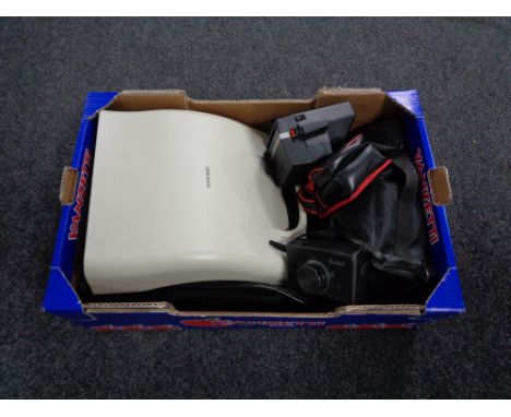 A box containing Silver reed typewriter and assorted cameras. 