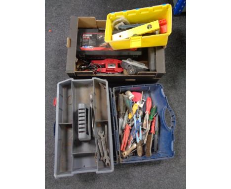 A box containing power tools, extension reel, together with two further plastic tool boxes and a tool caddy. 