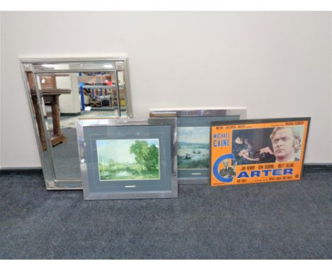 A contemporary silvered framed bevel edged mirror together with a framed Italian Get Carter and two further framed John Const
