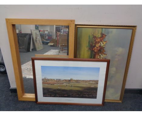A contemporary pine framed mirror together with two further framed prints, 'The King's Course Gleneagles' by Kenneth Reed, si