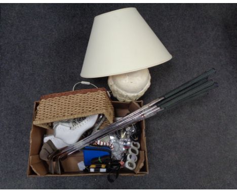 A box containing miscellania, Pro line turntable, bundle of golf clubs, together with a table lamp and shade, and a vintage m