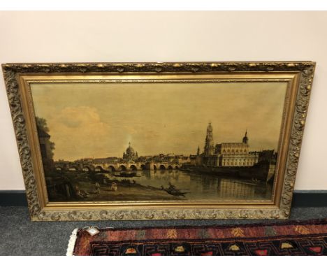 Twentieth century colour print - The River Elbe, Dresden, after Bellotto, 104 cm x 55 cm, framed.