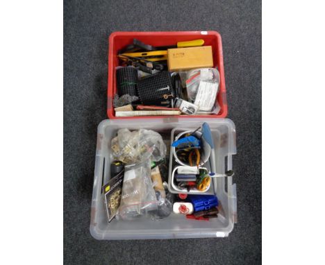 Two boxes containing hand tools, hardware, metal rule, door locks and chains. 