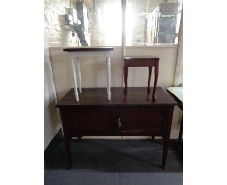 A mahogany wash stand together with a reclaimed pine occasional table on painted legs and one further lamp table.  CONDITION 