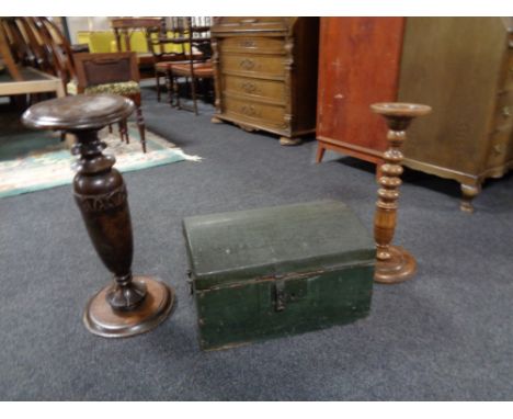An antique pine dome topped trunk together with a beech smoker's stand and a plant stand. 