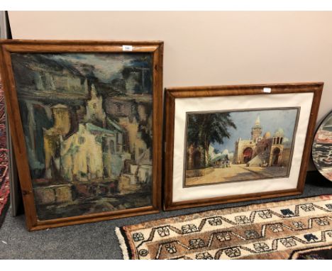 Continental school, abstract study of a church, oil on board, signed Gorgolewski and dated '64. Together with a print after D