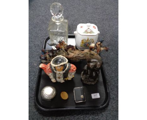 A tray containing miscellania to include a lead crystal Royale County whiskey decanter, Ringtons tea caddy, figurines, novelt