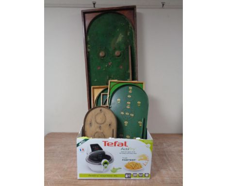 A box containing seven assorted Bagatelles to include Chad Valley, together with a further table top Bagatelle.  