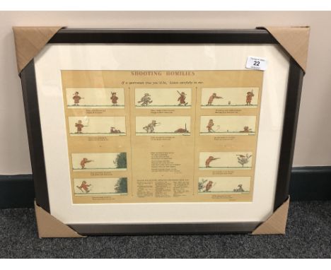 A colour sporting print : Shooting Homilies- 'If a sportsman true you'd be, Listen carefully to me', 27 cm by 36 cm, framed. 