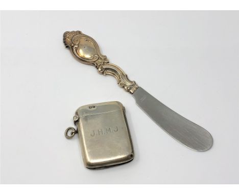 A silver vesta case and an ornate Danish silver-handled butter knife stamped 'COHR' (2)