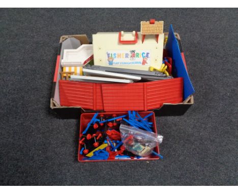 A box of plastic construction sets, Fisher Price play school, Lego caddy containing vintage train set 