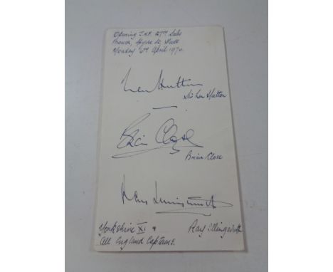 A 1970s Luncheon menu from the Royal Station Hotel Hull, signed by three England cricket captains Sir Len Hutton, Brian Close