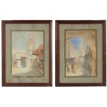 ORIENTALIST SCHOOL, FIGURES IN THE STREETS IN CASABLANCA AND FEZ, WATERCOLORS ON PAPER, 20TH CENTURY