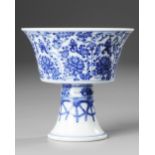 A CHINESE BLUE AND WHITE 'LANCA' STEM CUP, 19TH-20TH CENTURY