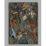 AN UBUD PAINTING DEPICTING VARIOUS FIGURES