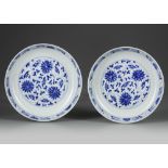 A PAIR OF CHINESE BLUE AND WHITE 'LOTUS' DISHES, 19TH-20TH CENTURY