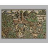 AN UBUD PAINTING DEPICTING FARMLANDS AND A TEMPLE, INDONESIA