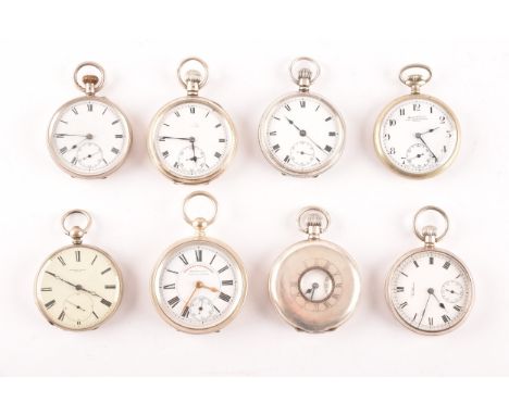 A collection of six antique silver pocket watches, with white enamel dials and black Roman numerals, including Waltham Jones 