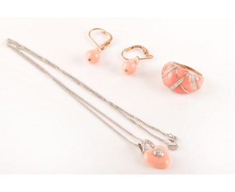 A group of coral and diamond jewellery, including a 9ct yellow gold coral and diamond ring, size L 1/2, a 18ct white gold cor