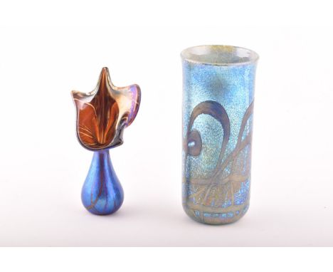 An Isle of Wight Touch of Glass Chris Lucas iridescent studio glass cylinder vase, 16cm high, together with a small Siddy Lan