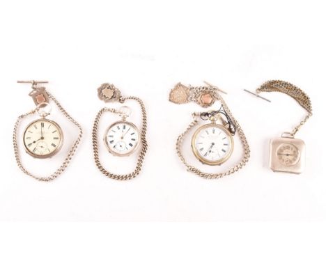 A group of four antique silver pocket watches with white enamel dials and black Roman numerals, one with square case, all wit