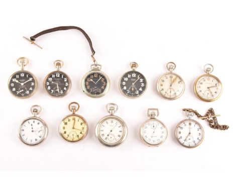 A collection of eleven Military pocket watches, all with broad arrow marks to the reverse, some with black dials, makers incl