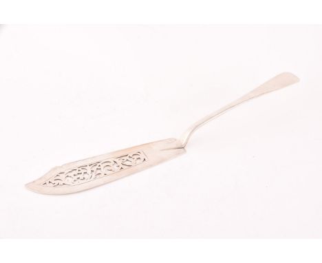 A Victorian silver fish slice, hallmarked London 1865 by HSI, length 32 cm, 4.1 ozt / 130 grams.  Condition Report: