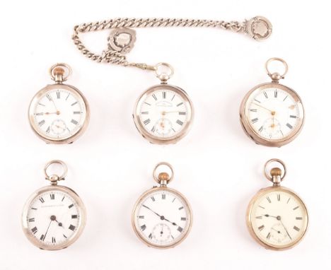 A collection of six antique silver pocket watches, all with white enamel dials and black Roman numerals, one with Albert chai