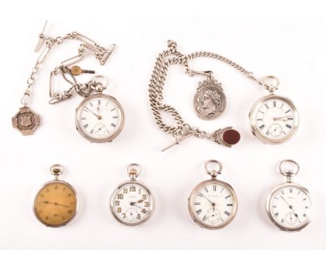 A group of six antique silver pocket watches, all with white enamel dials and Roman or Arabic numerals, two with large Albert