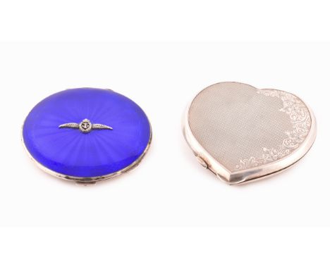 A silver blue enamel sweetheart compact, hallmarked for Birmingham 1952, applied fleet air arm crest, together with a heart s