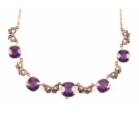 A 15ct yellow gold amethyst and diamond necklace set with five cushion shape amethysts with a combined approximate weight of 