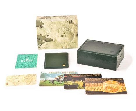 A Rolex Oyster reference 16710 box (box only, no watch), comprising green leather box, outer cardboard box, a green wallet an