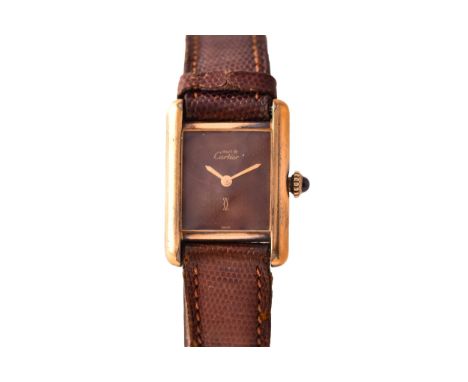 A Must de Cartier Tank&nbsp;gold plated silver mechanical wristwatch, with hand wound movement, with brown dial and brown lea