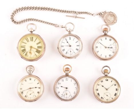 A group of six silver antique pocket watches, all with white enamel dials and black Roman numerals, makers including Coventry