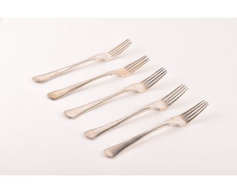 Five Danish silver dinner forks, with thread pattern, inscribed initials 'W.D.', hallmarked for Copenhagen, various maker's a