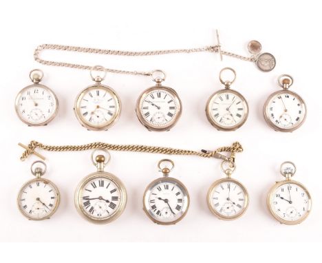 A collection five antique silver pocket watches, all with white enamel dials and Roman or Arabic numerals, makers include The