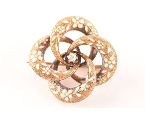 Art nouveau style metal brooch, 3.3cm length, together with a Victorian yellow metal brooch, set with a round old cut diamond