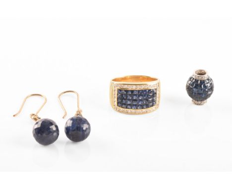 A group of sapphire jewellery, including a 18ct yellow gold sapphire and diamond ring, size N 1/2, a pair of yellow metal and