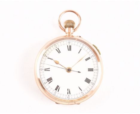 A 9ct rose gold open face pocket watch with white enamel dial and black Roman numerals, with centre seconds hand, 50mm case d