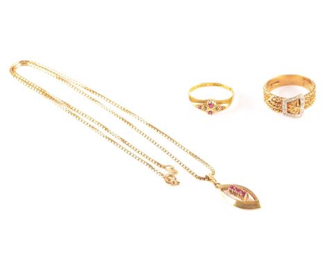 A small group of gold jewellery, including a 9ct yellow gold ruby pendant on a box link chain, chain length 46 cm, a 9ct yell