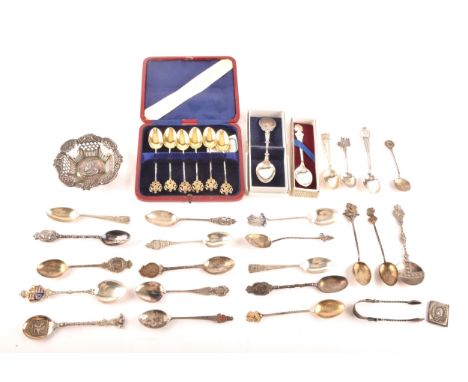 A large collection of commemorative and coronation silver souvenir teaspoons, bowl and stamp holder.  Condition Report: 14.0 