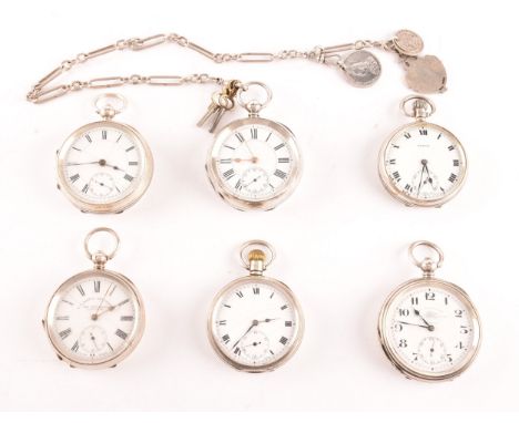 A collection of six antique silver pocket watches, all with white enamel dials and black Roman and Arabic numerals, with dial