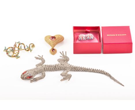 A group of Butler &amp; Wilson jewellery, including a yellow metal heart shaped brooch set with red stones, a yellow metal dr