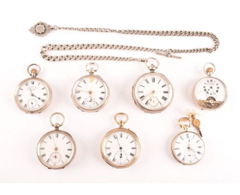 A group of seven antique silver pocket watches, all with white enamel dials and black Roman numerals, dials signed Hebdomas P