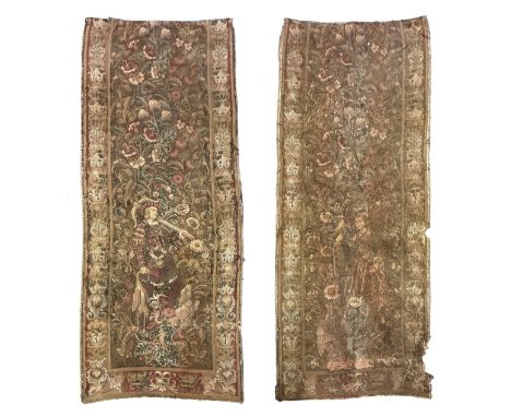 Two 19th century french aubosson needlework wall hangings, depicting a noble lady and gentleman, the gentleman depicted hunti