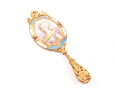 A 19th century French porcelain and ormolu hand mirror, one side mounted with with a finely hand painted portrait of a lady, 